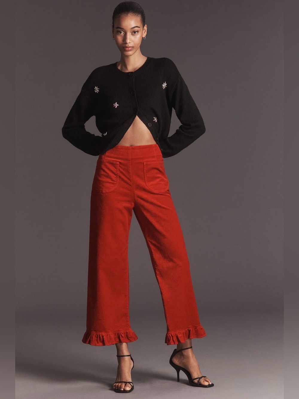 The Colette Crop Velvet Ruffle-Hem Pants by Maeve in Red